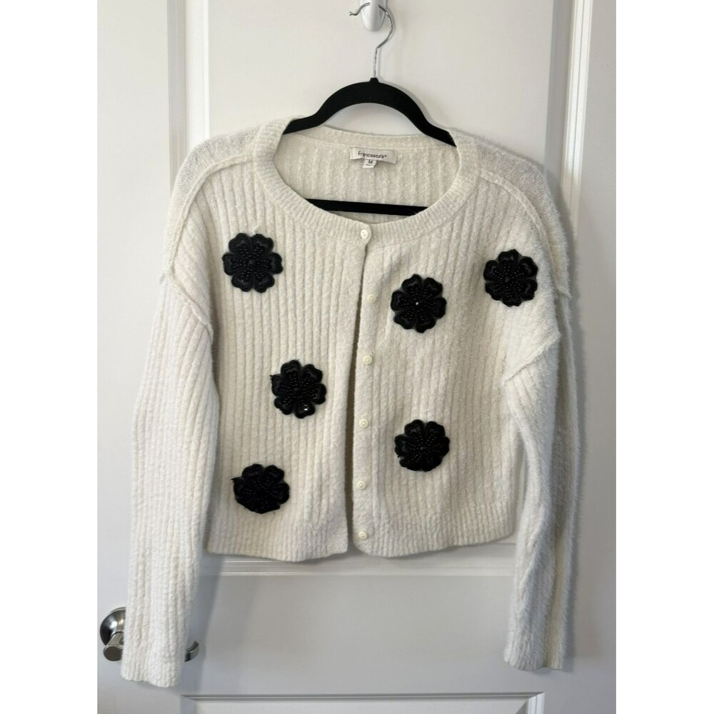 francesca's Ivory Black beaded applique Floral Open Faux button Cardigan M